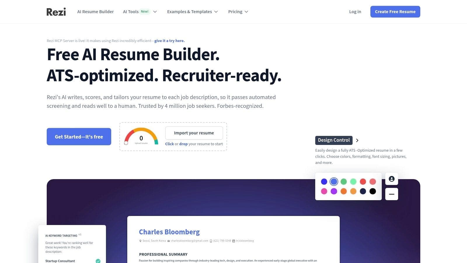 Rezi ATS-first AI resume builder interface with live Rezi Score feedback while editing sections
