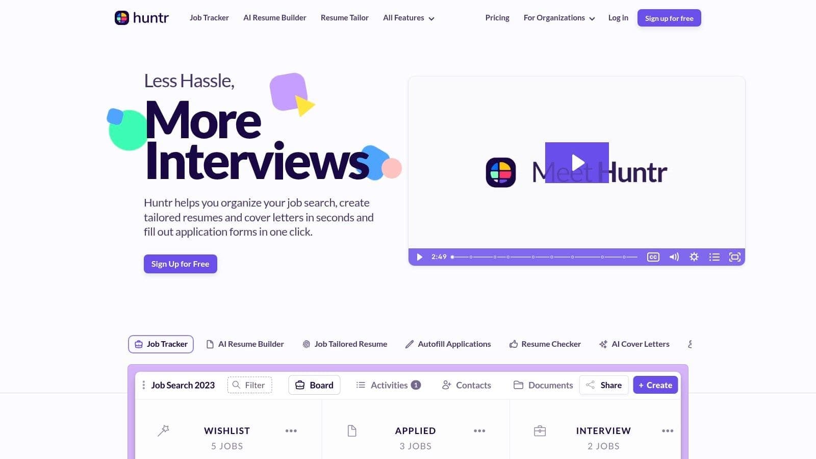Huntr job search CRM showing application pipeline stages, saved roles, and document attachments