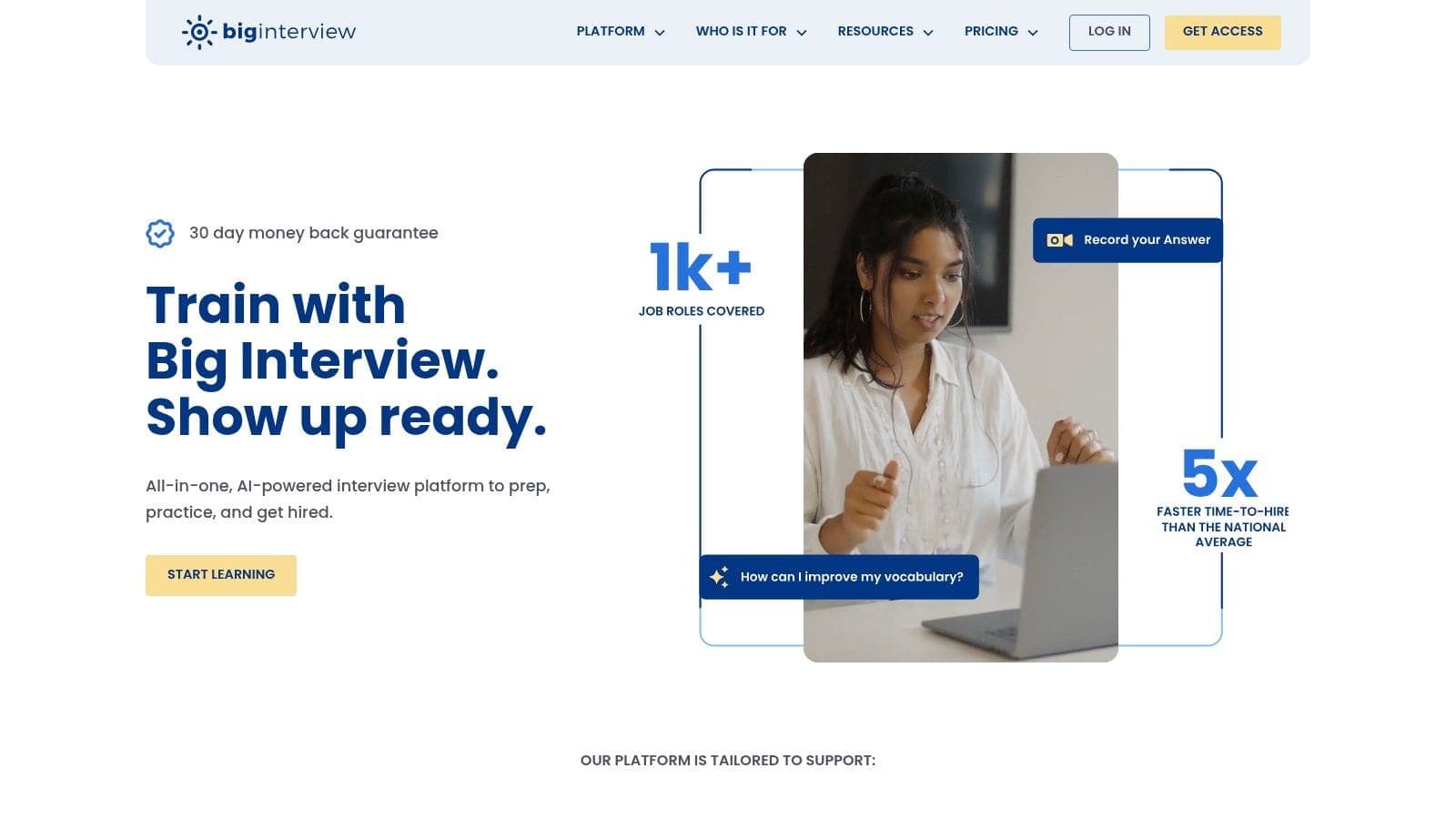 Big Interview platform showing structured AI mock interviews and role-specific question libraries