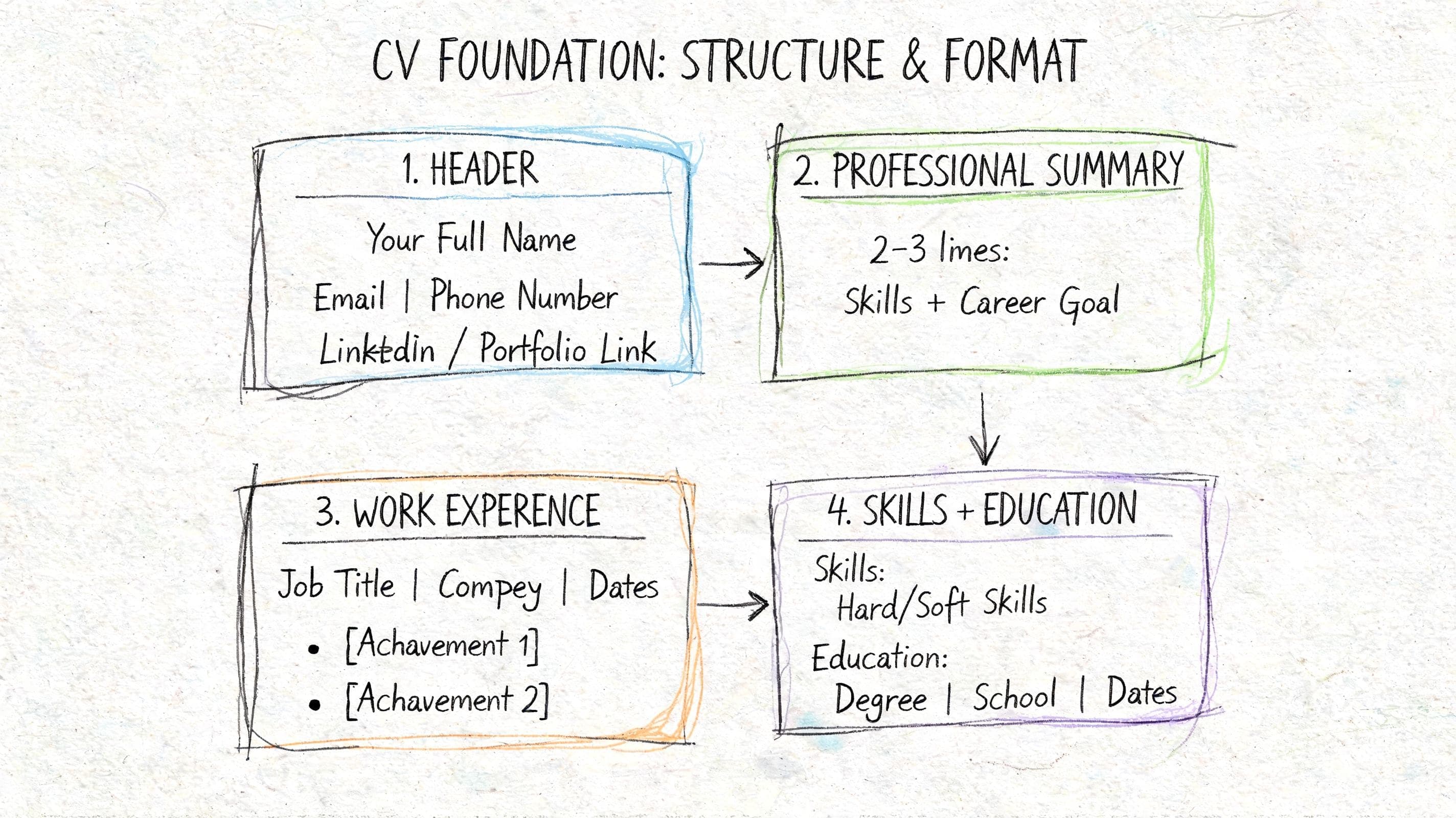 Hand-drawn flowchart of standard UK CV structure showing section order from contact details and summary through skills, experience, and education