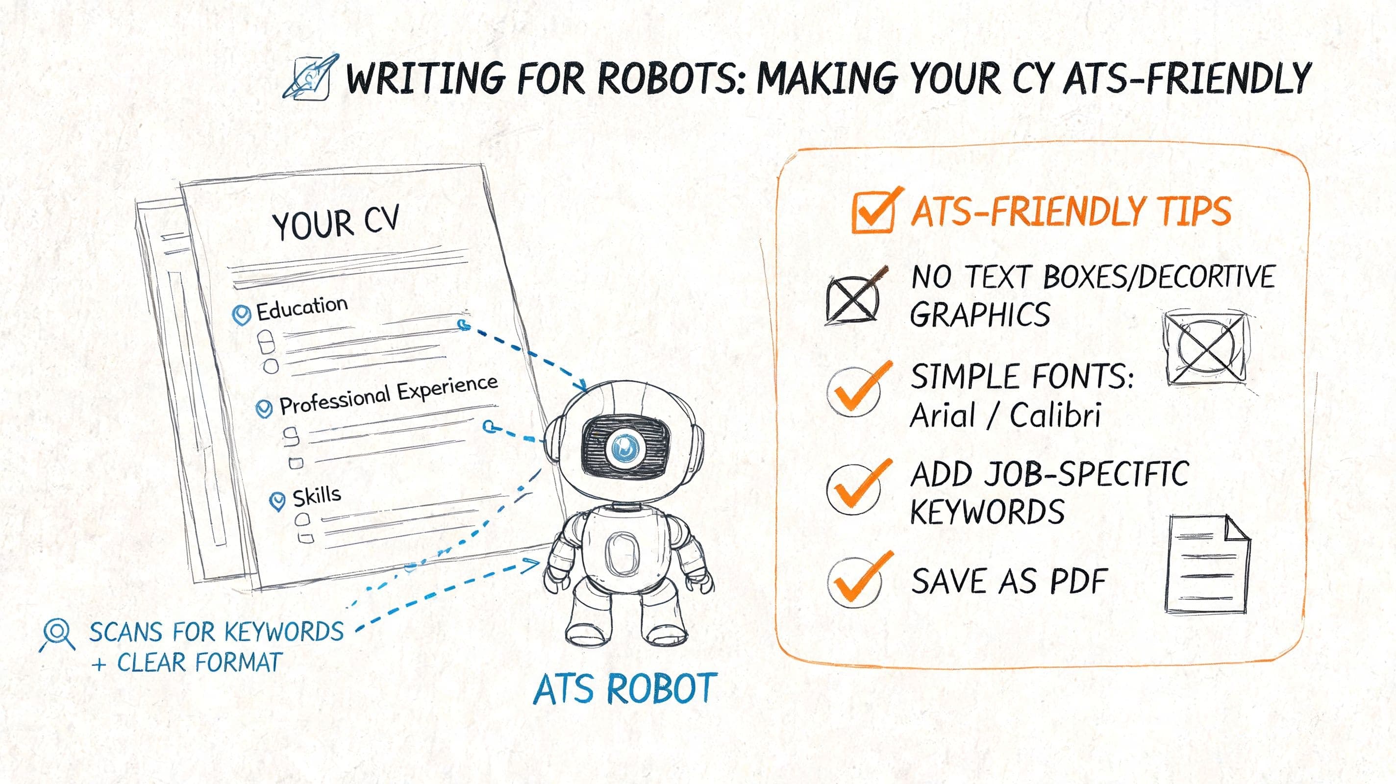 Hand-drawn illustration of an ATS parser scanning a UK CV with cues for single-column layouts, plain bullets, and standard section headings