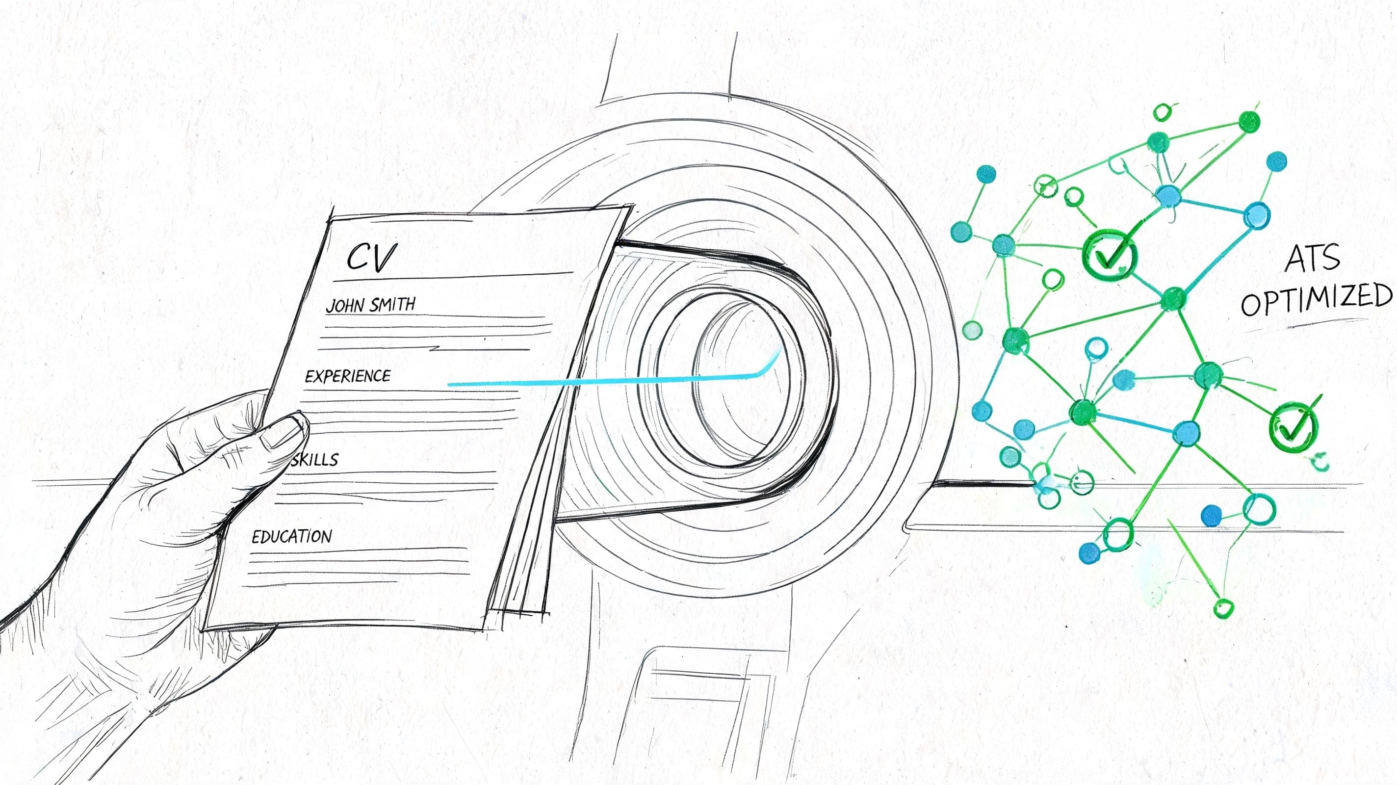 Illustration of a paper UK CV entering an ATS optimisation path and emerging as a clean digitally scannable applicant profile