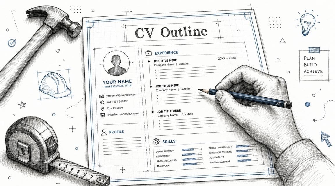 Sketch of a construction worker CV outline on a blueprint drawing for UK builders
