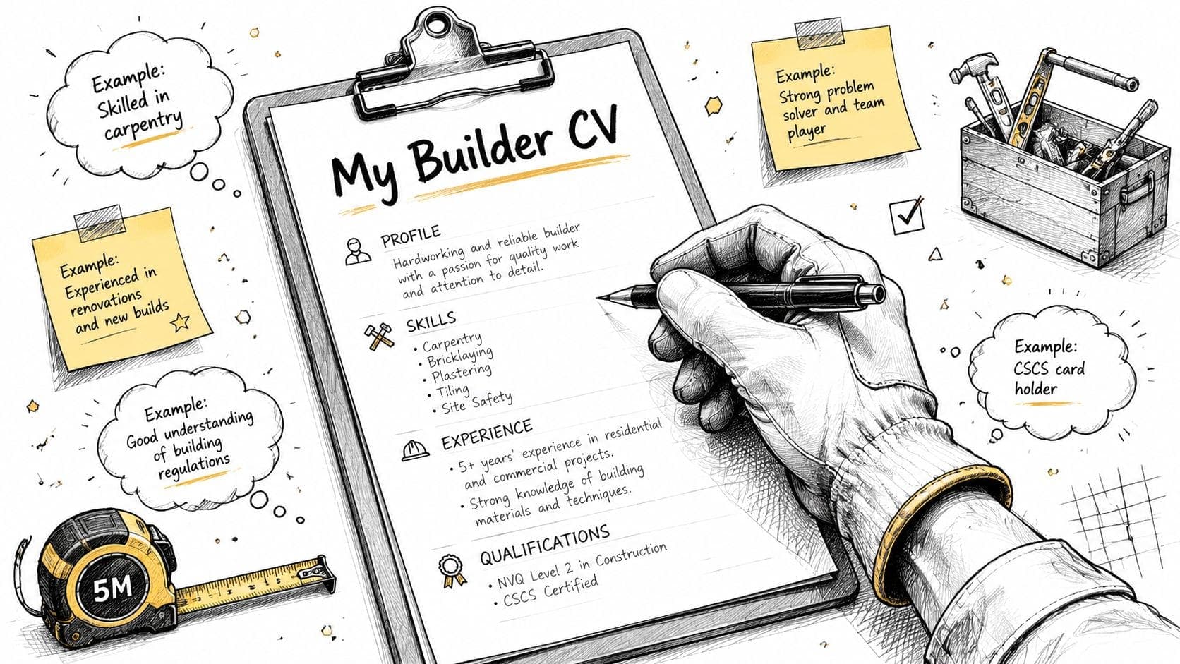 Builder wearing a glove writing CV bullet points on a clipboard with trades tools nearby