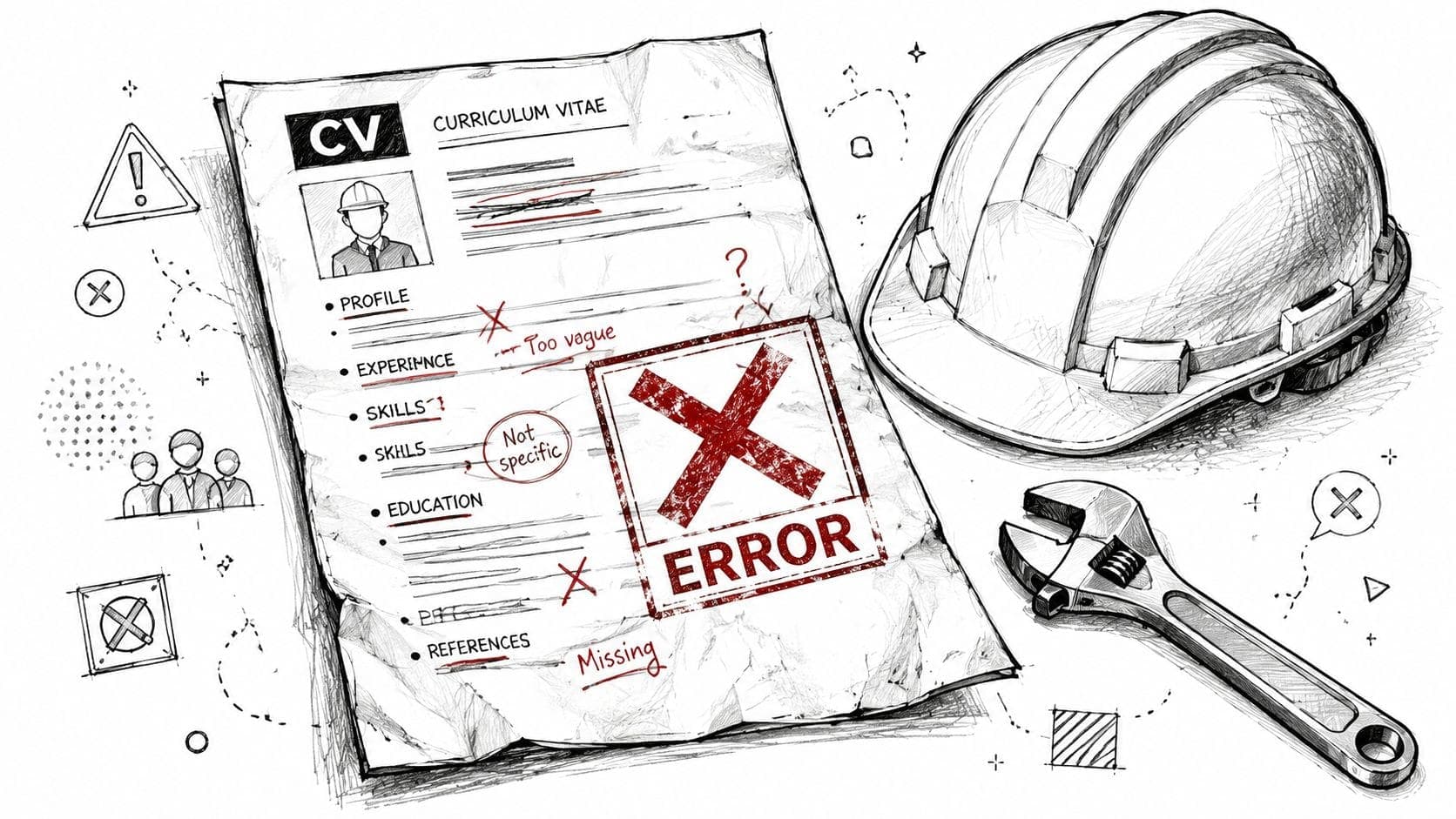 Rejected builder CV illustration with corrections tools and ATS formatting mistakes crossed out