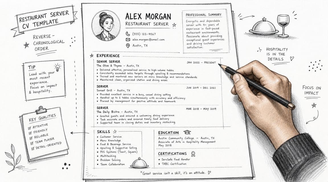 UK restaurant server CV structure with contact block profile skills and reverse chronological work history sections