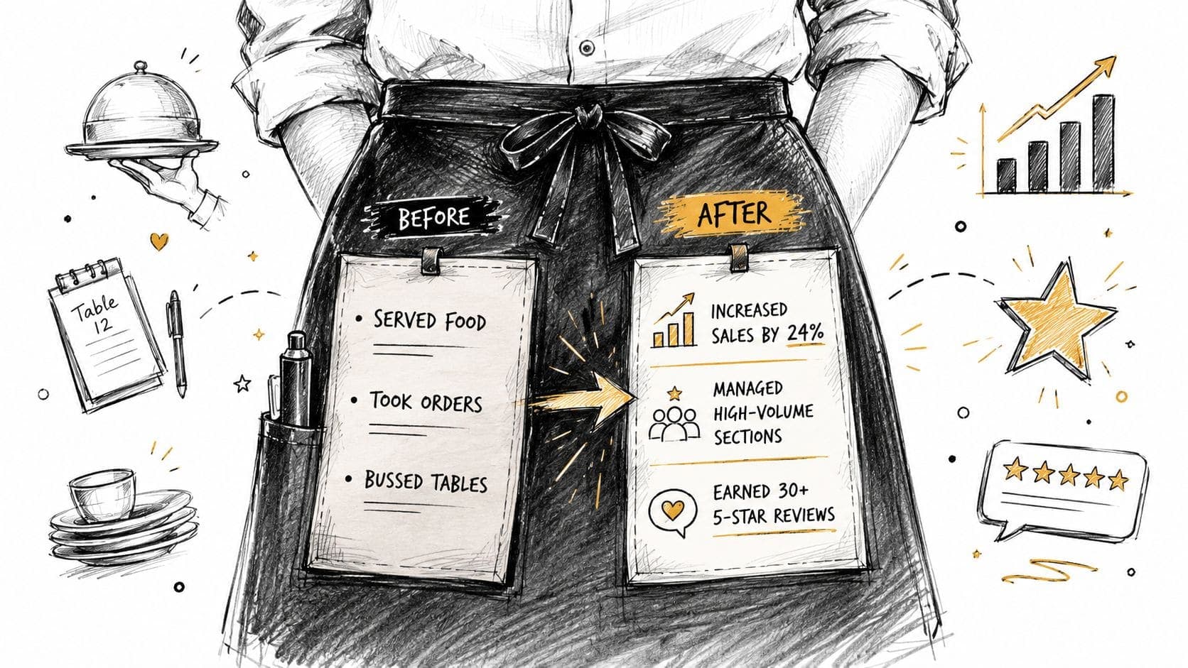 Restaurant server CV experience bullets showing table service POS cash handling and peak shift coverage examples