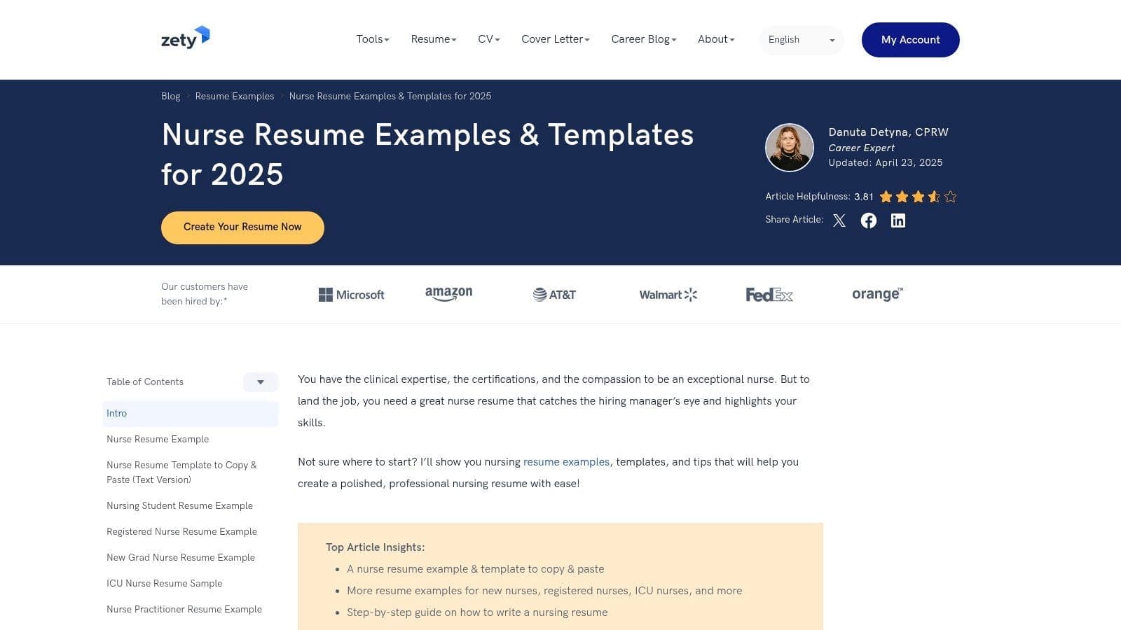 Nurse.org website showing free nursing resume templates and career resources