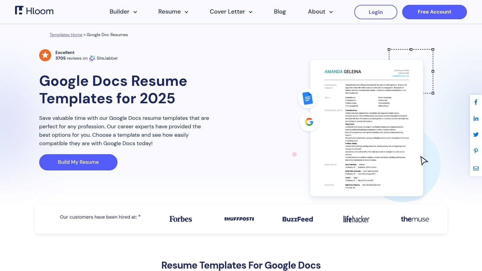 Creative Market platform displaying premium resume template designs with professional layouts and matching cover letter options