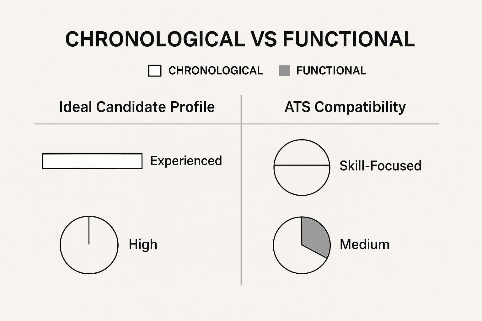 Infographic comparing chronological vs functional resume formats - showing which works better for different career stages and ATS compatibility
