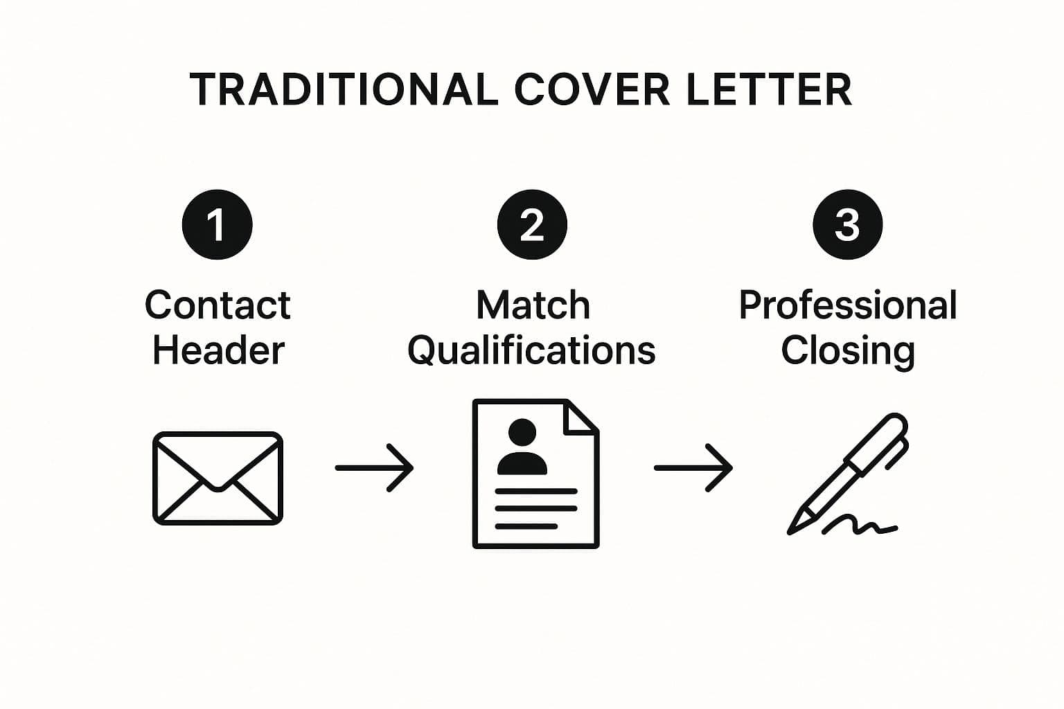Infographic showing key data about the traditional or classic cover letter format with three core steps: strong opening, evidence-based body, and professional closing