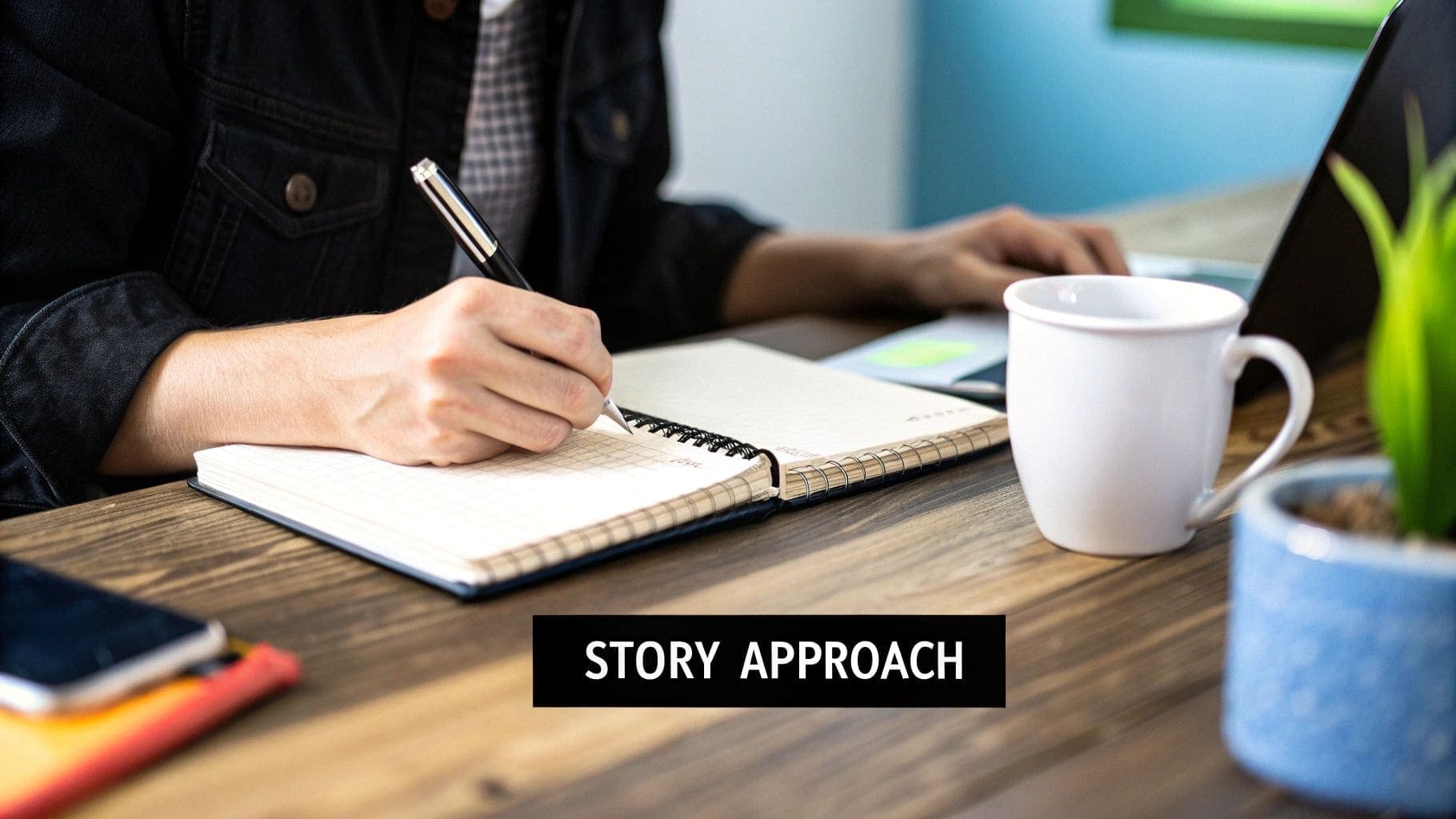 A professional writing a story-based cover letter, with visual elements suggesting creativity, storytelling, and personal connection to their work