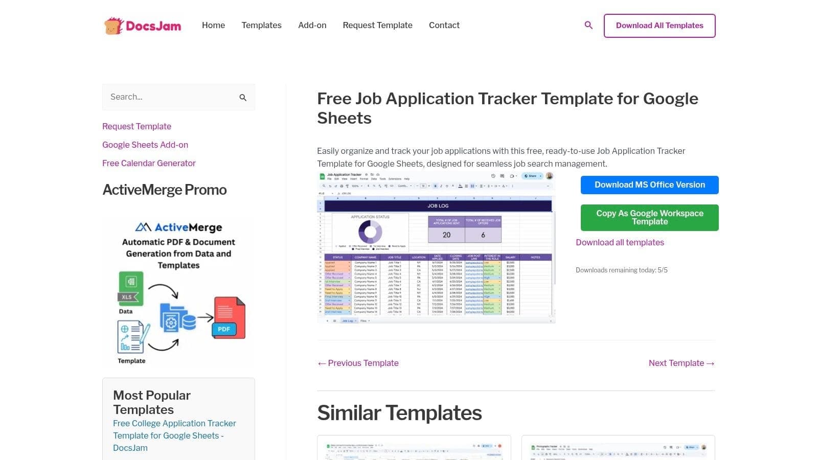 DocsJam Google Sheets job tracker template with essential fields and easy copy-to-drive functionality