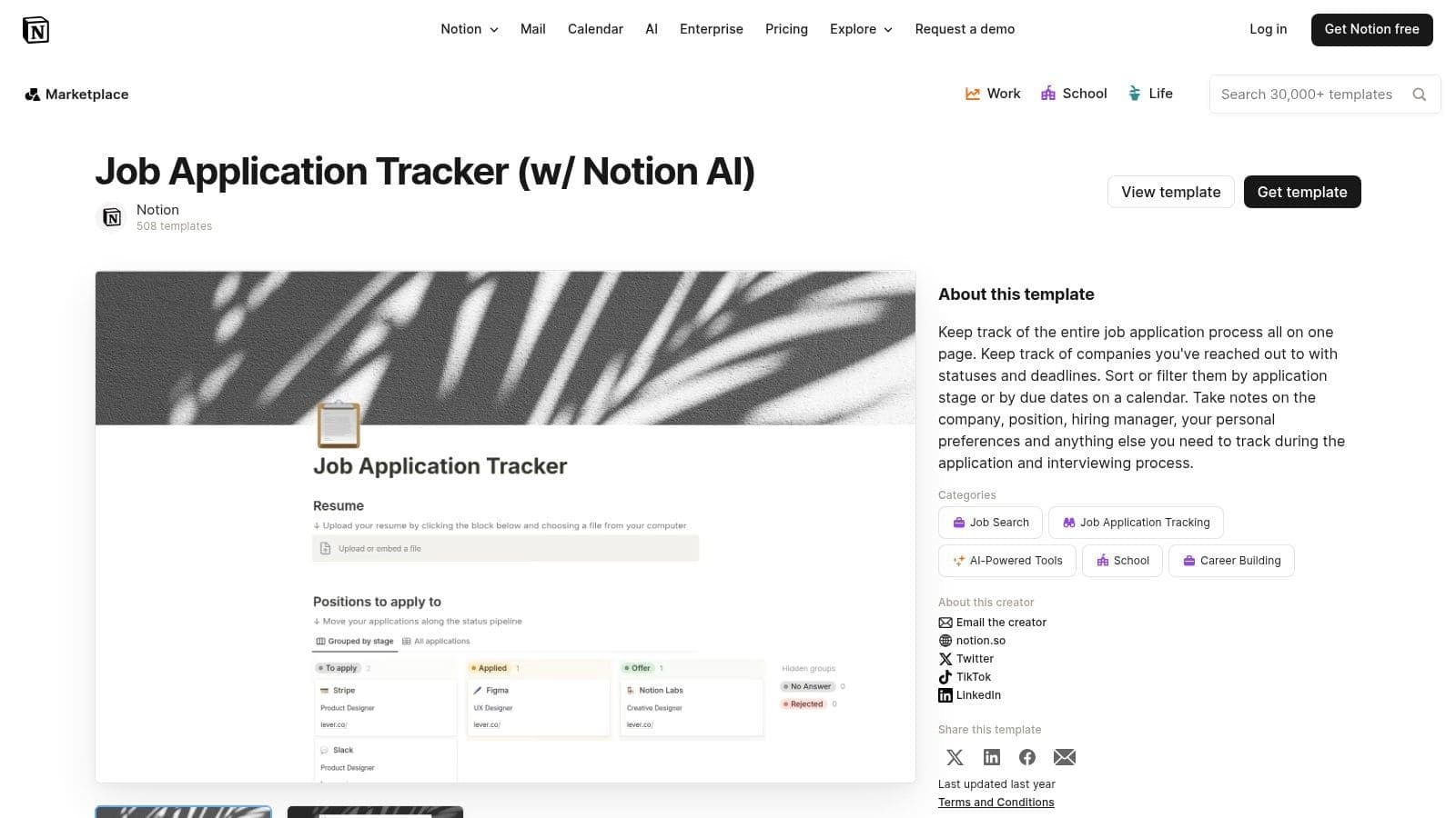 Notion job application tracker template with Kanban board view showing different application stages and customisable database fields