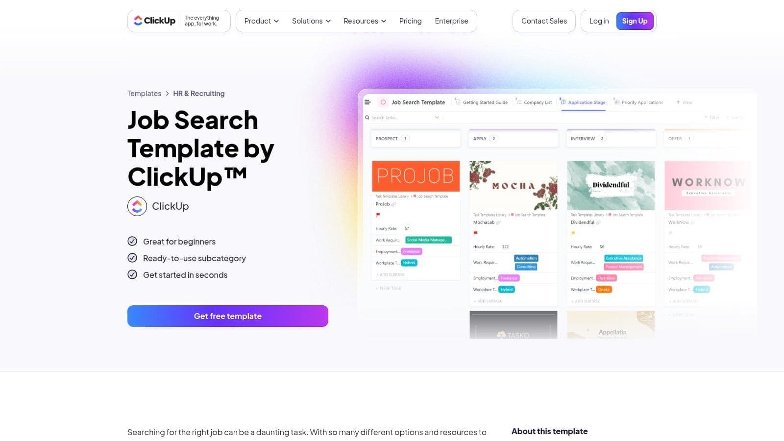 ClickUp job search template with custom statuses, multiple view options, and automated reminder settings