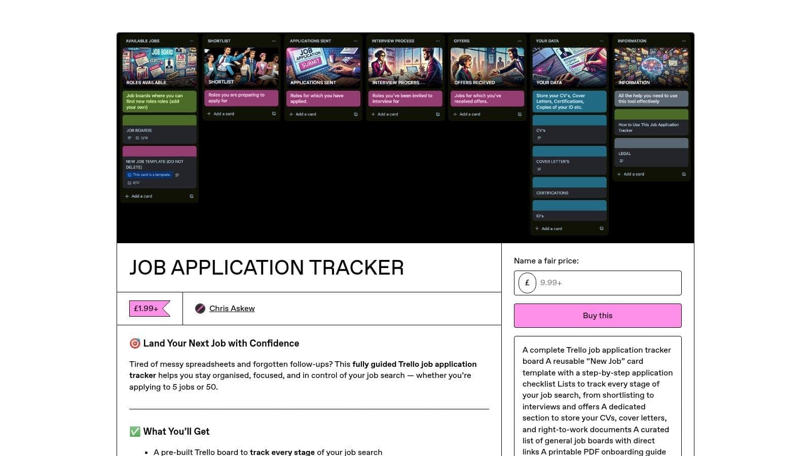 Gumroad marketplace showing premium job tracker templates with creator documentation and bonus resources