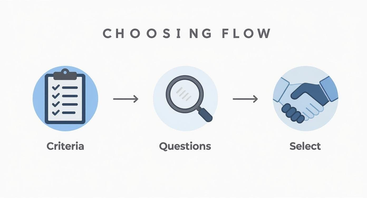 Infographic showing three-step process for choosing interview coach: define criteria, ask questions, and select best fit