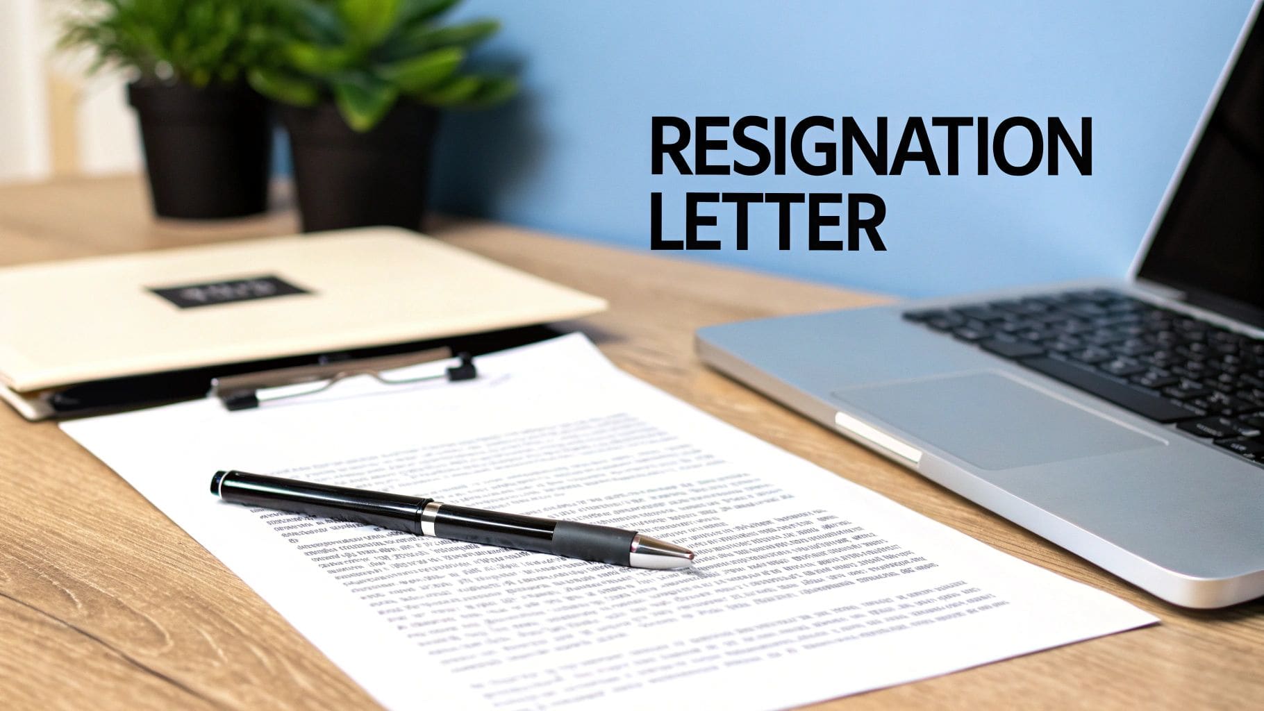 A professional workspace with a resignation letter being written on a laptop, showing a clean desk setup with a plant