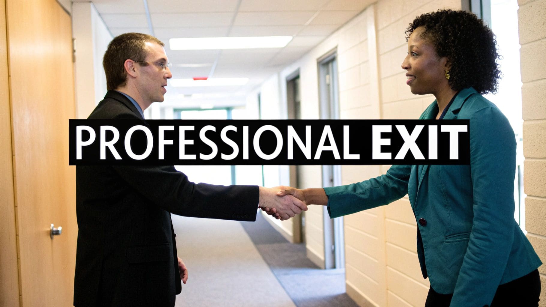 A professional handshake between a manager and employee in an office setting, representing a positive resignation conversation