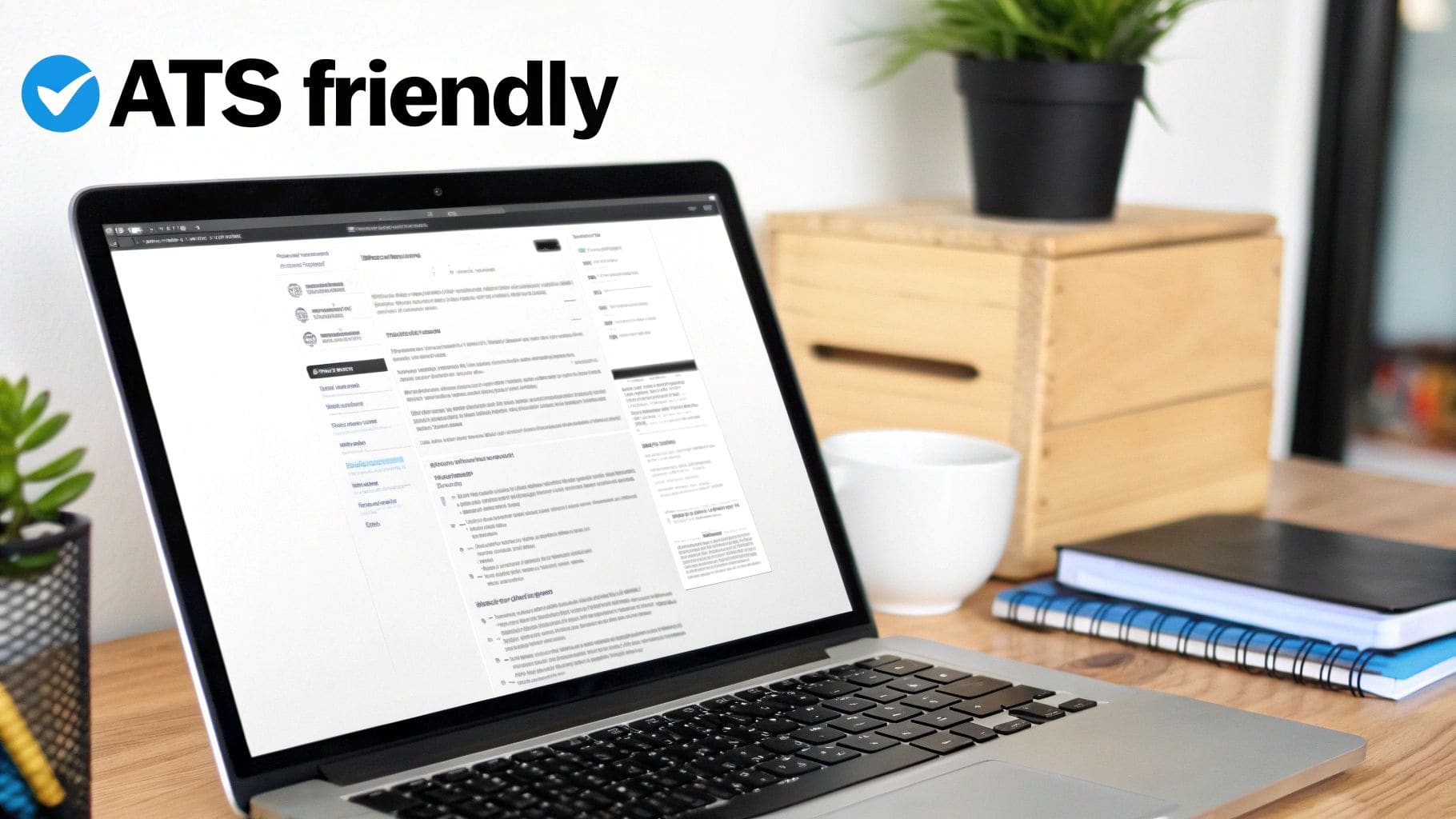 A clean, ATS-friendly resume layout displayed on a laptop screen with a coffee cup beside it