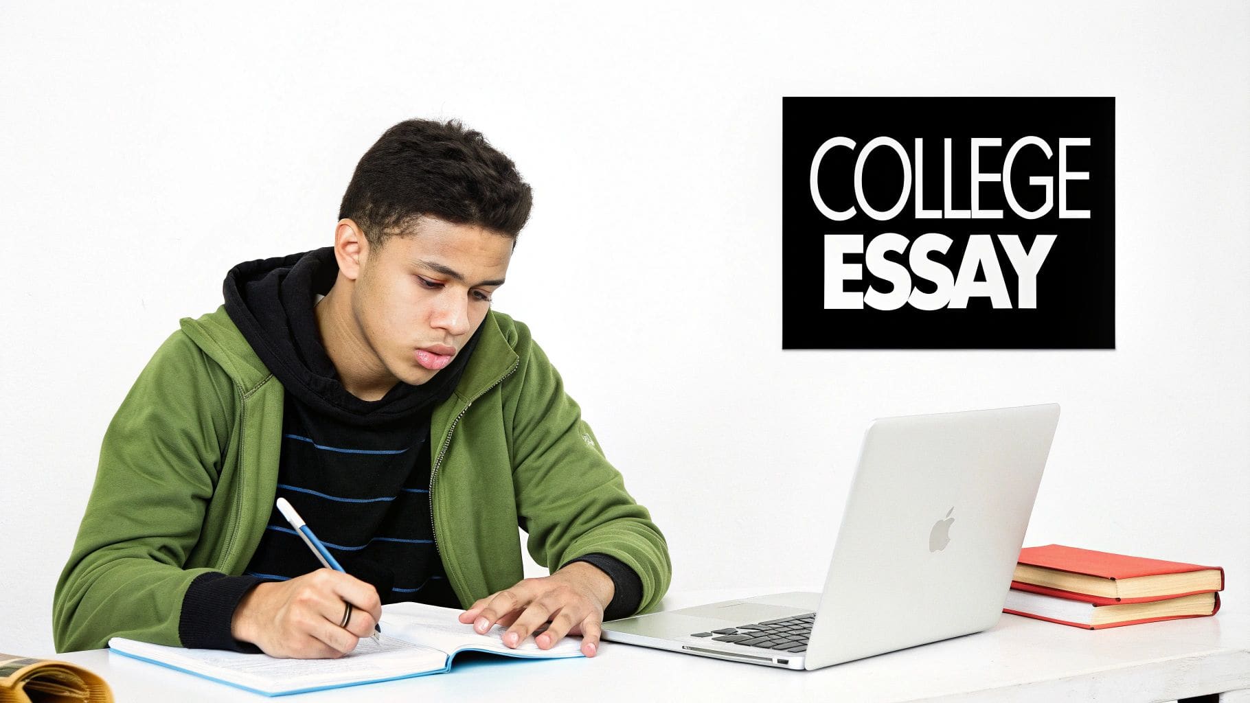 Student writing a college application personal statement at a desk with open textbooks and a laptop