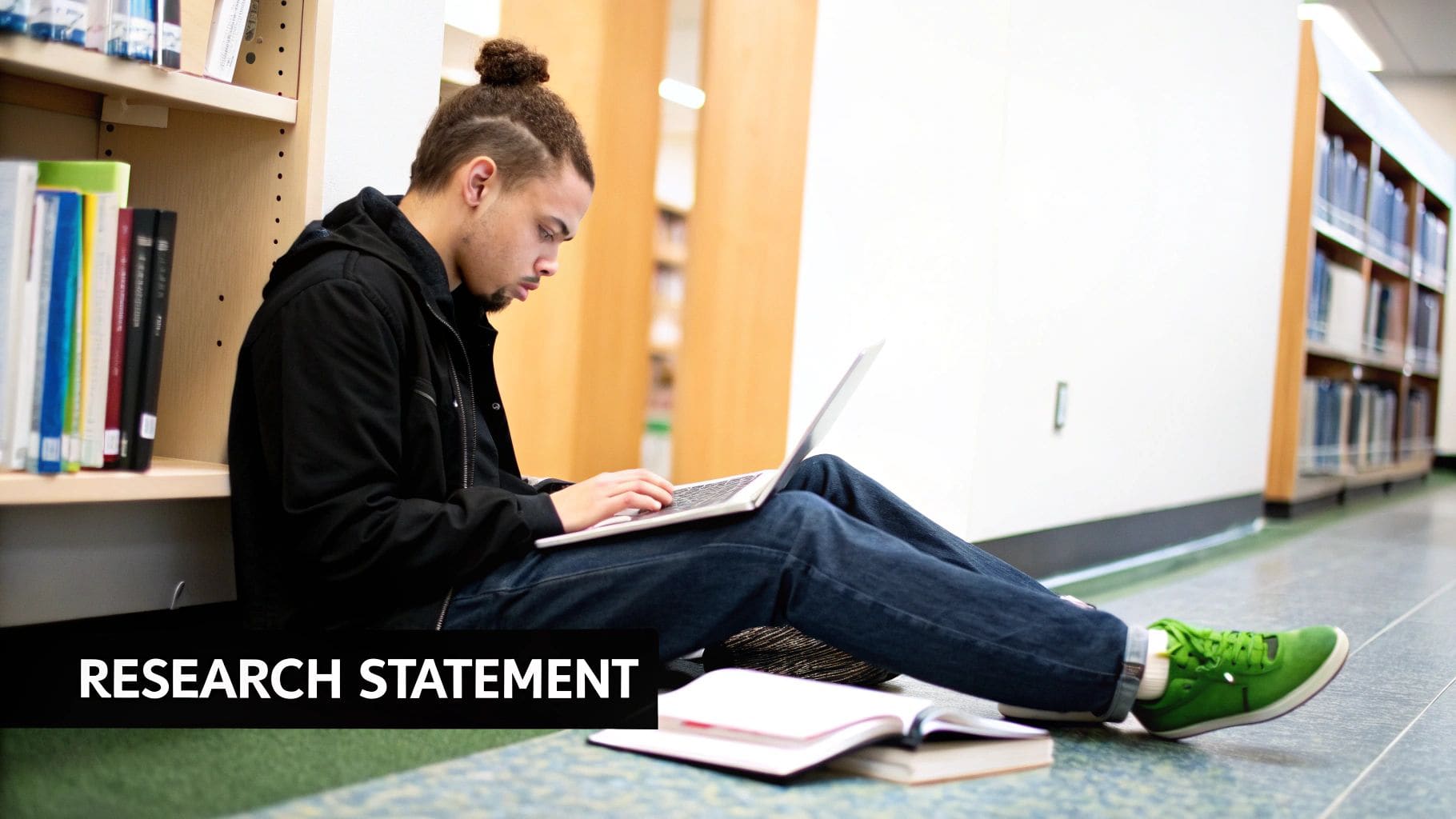 Graduate student reviewing research papers and writing a statement of purpose on a laptop