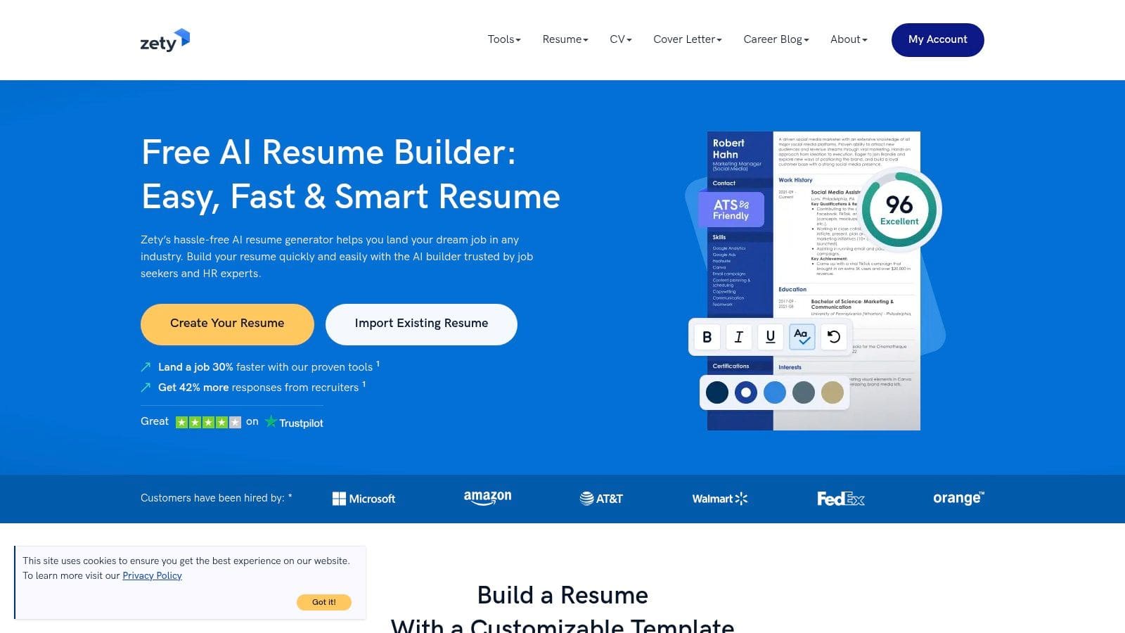 Zety resume builder interface showing template selection and content suggestions