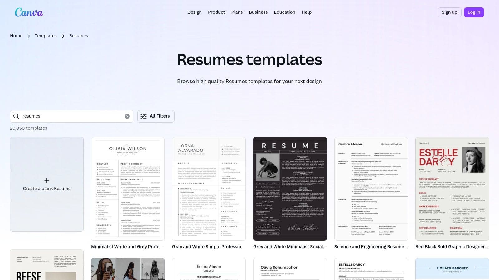 Canva design interface displaying creative resume templates with drag-and-drop editing