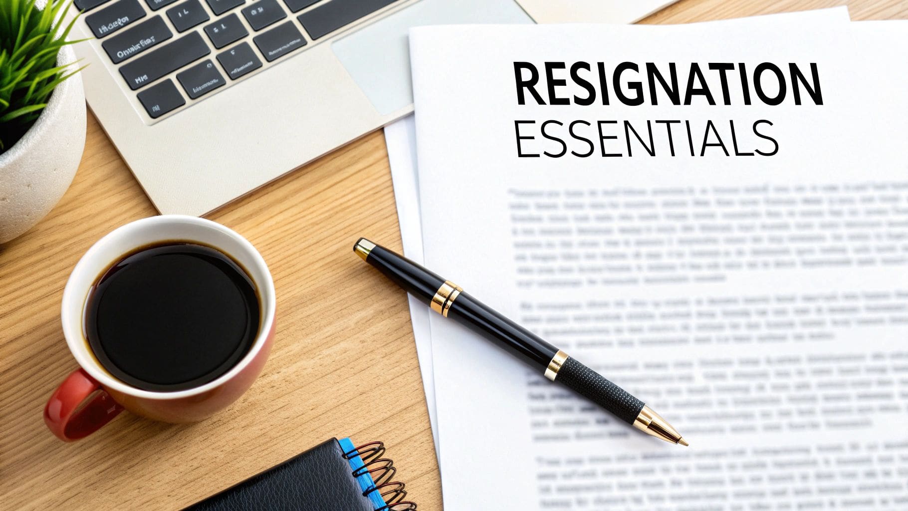 A person writing a resignation letter at a desk with a laptop in a modern office setting