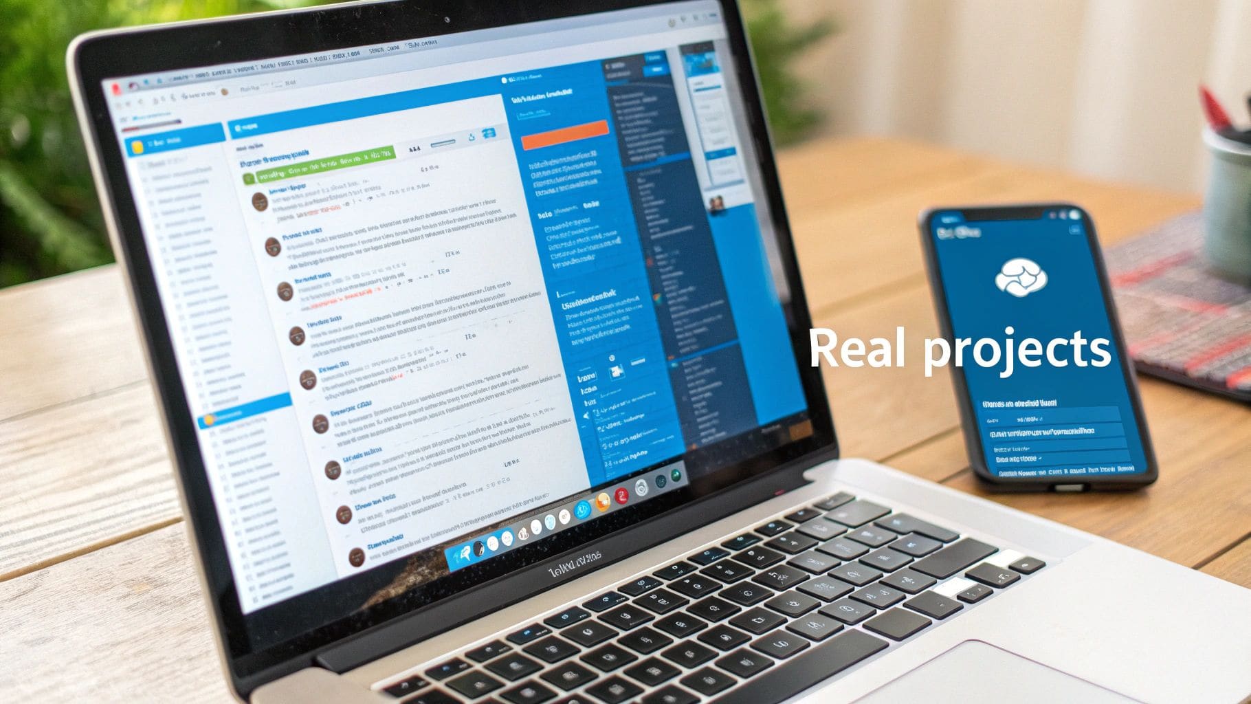 A developer showcasing their coding projects on a laptop with a clean portfolio website displayed on screen featuring multiple project thumbnails