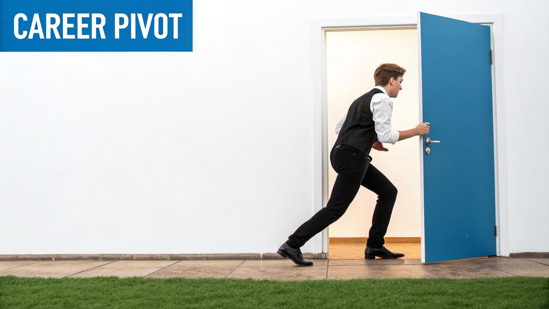 A professional at a crossroads, contemplating a career change with documents and a laptop