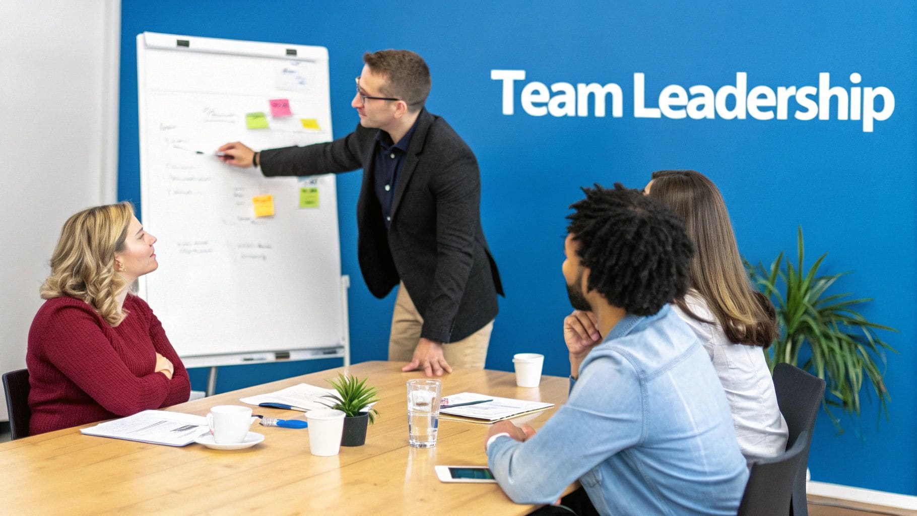 A leader presenting to a team in a modern office, demonstrating management expertise