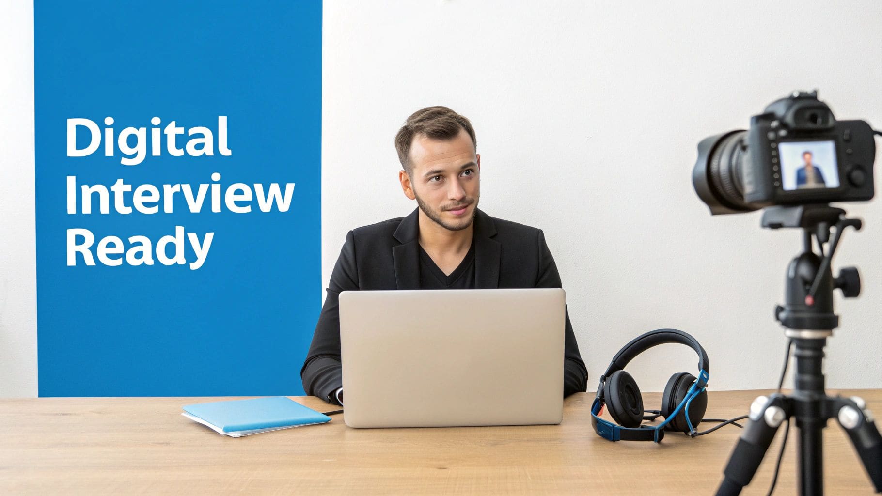 A candidate in a professional setting having a successful virtual job interview on their laptop