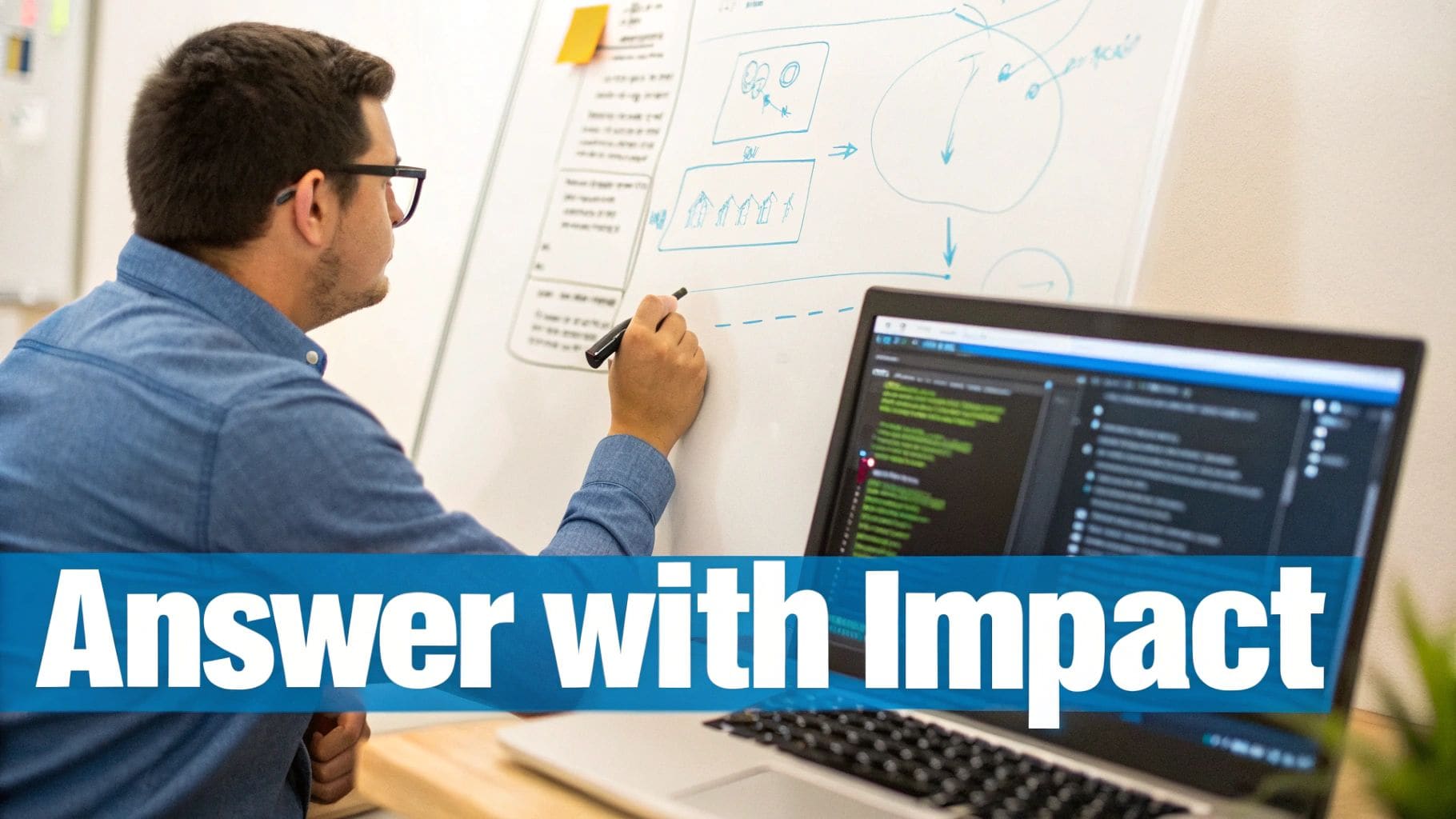 A candidate confidently handles a challenging interview question in a modern office setting