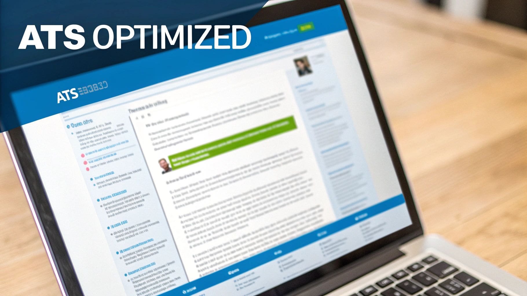 Modern laptop displaying ATS optimised resume template with green highlighted keyword sections and blue sidebar navigation for applicant tracking systems