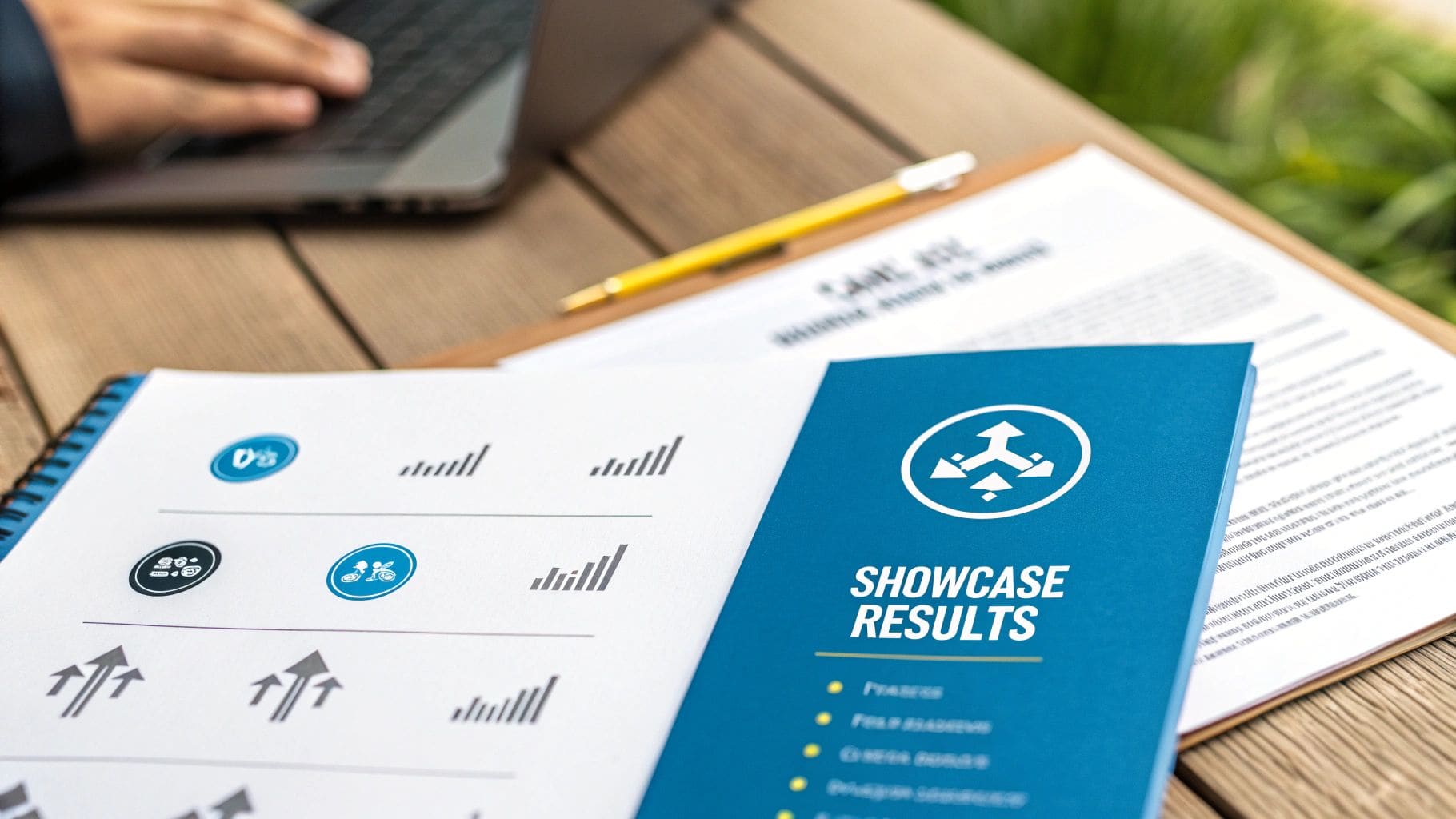 Professional business presentation materials showcasing results with detailed brochure, performance charts, and analytical graphs arranged on polished wooden desk