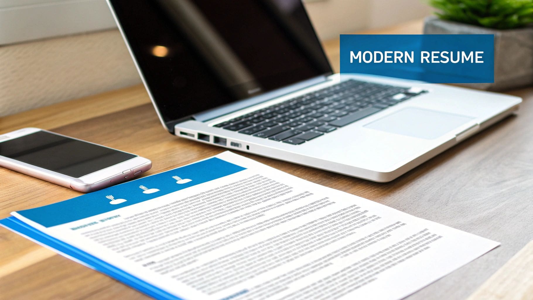 Modern resume template with professional blue design layout displayed on desk next to laptop computer and smartphone for job applications