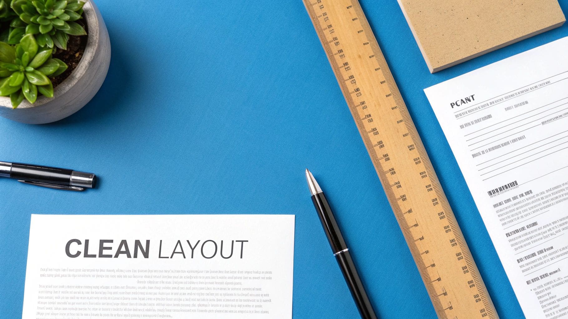 Modern resume layout design with wooden ruler, professional pens, and office supplies arranged on blue desk background for formatting guidance