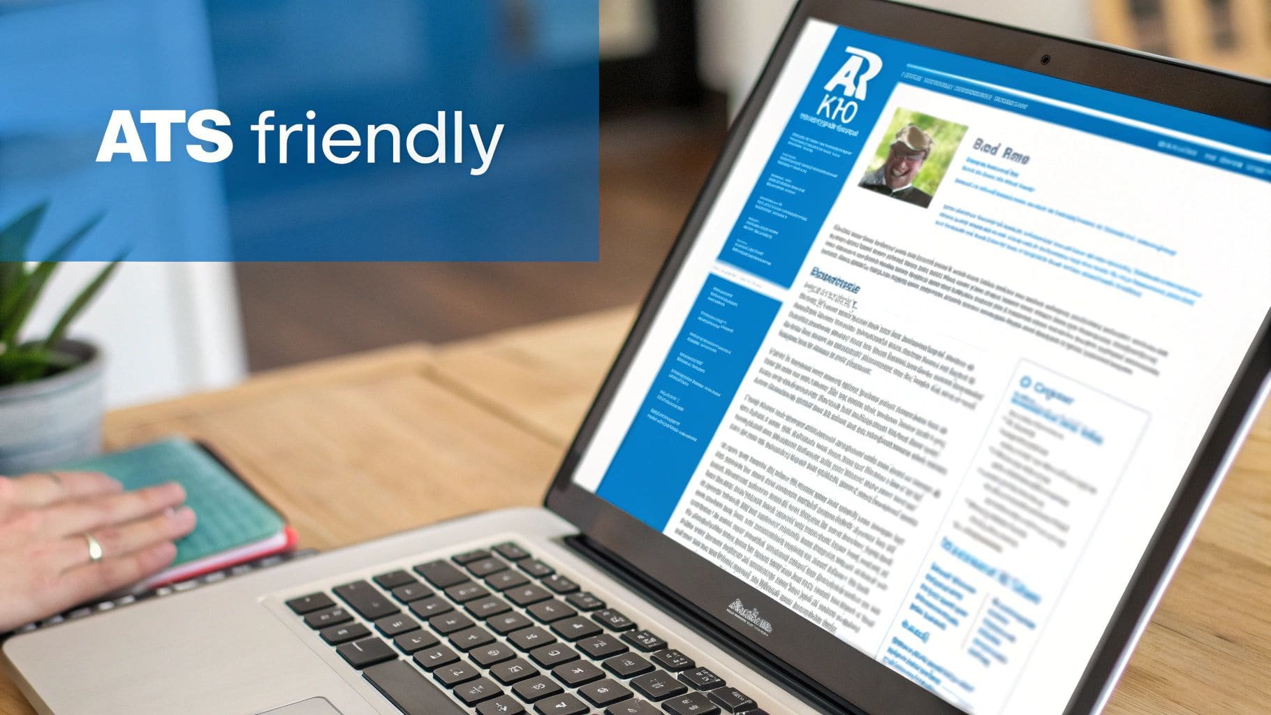 Professional viewing accessible ATS-friendly resume template with blue sidebar navigation displayed on laptop computer screen for applicant tracking systems