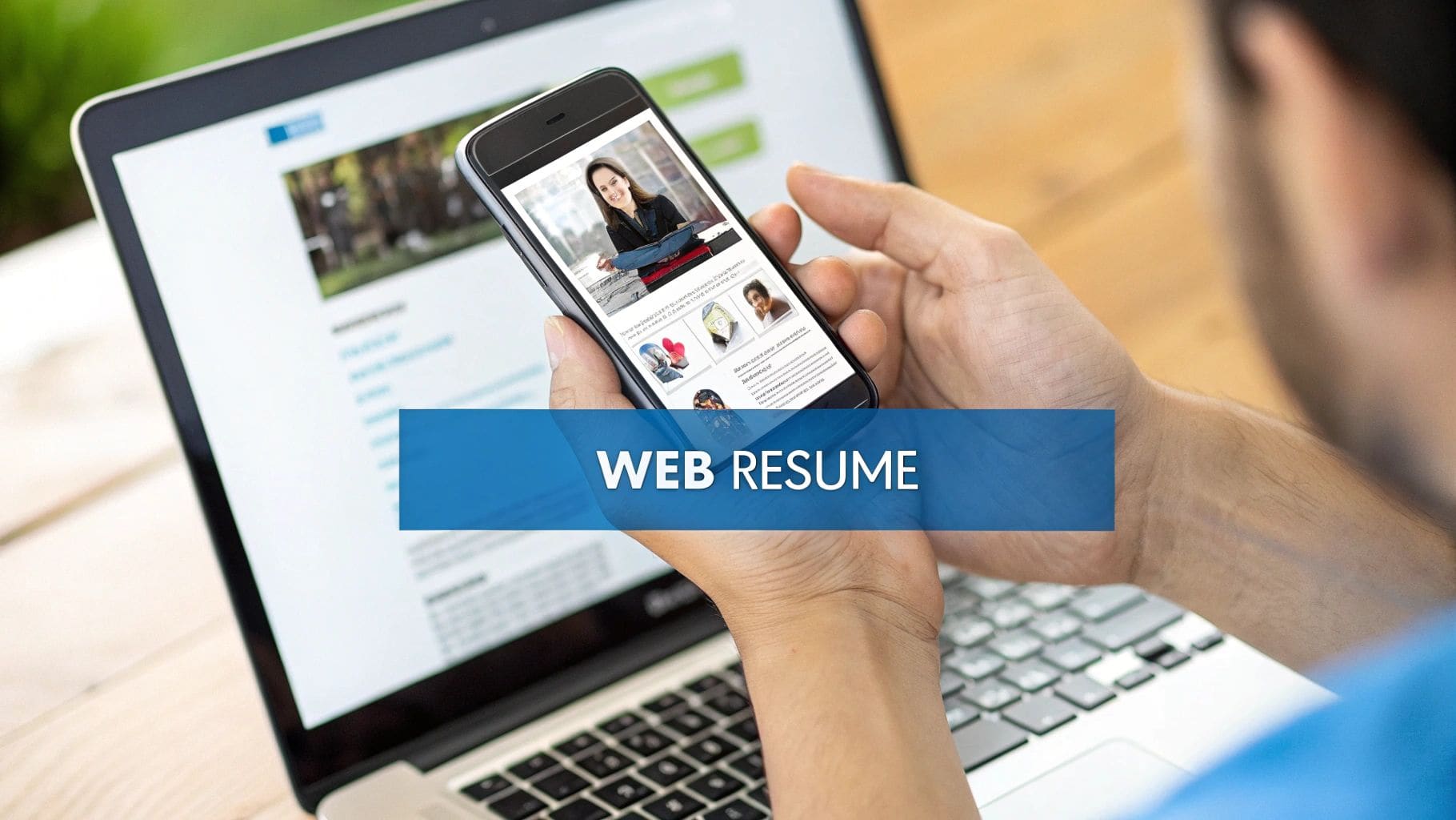 Professional person holding smartphone displaying web-based resume portfolio whilst working on laptop computer at modern office desk