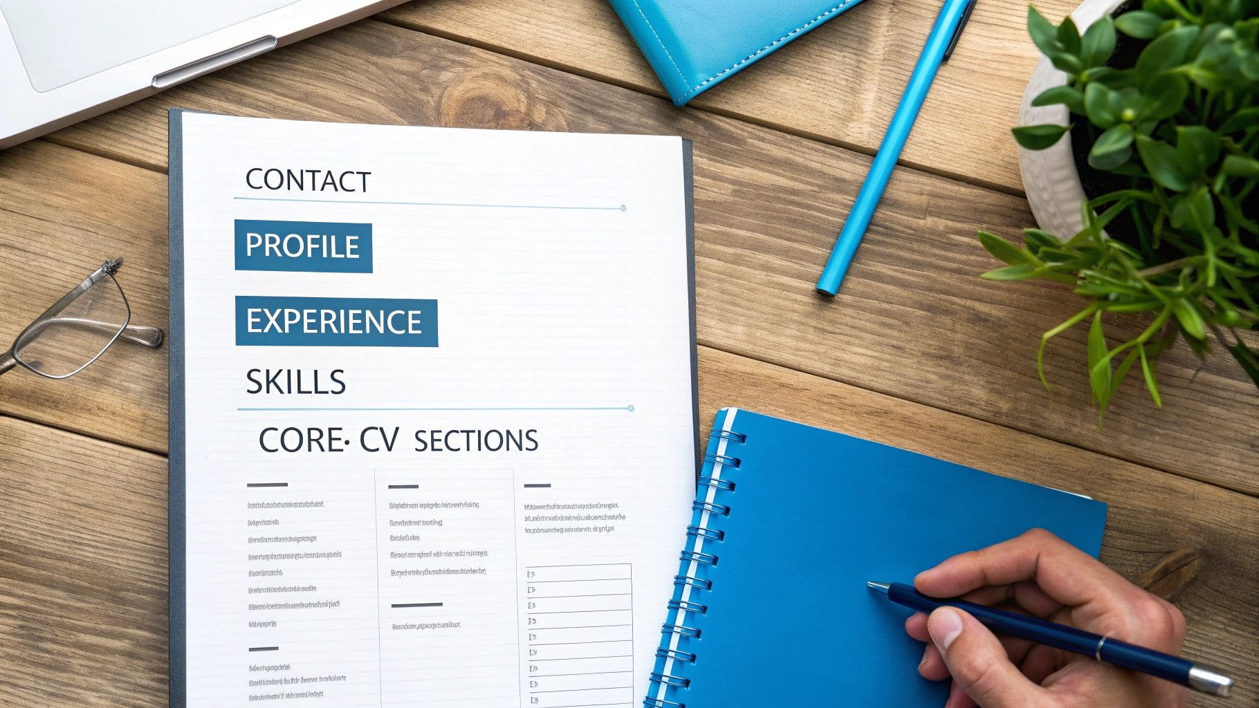 Professional person reviewing CV template document showing core sections including profile, experience, skills and contact information on modern desk