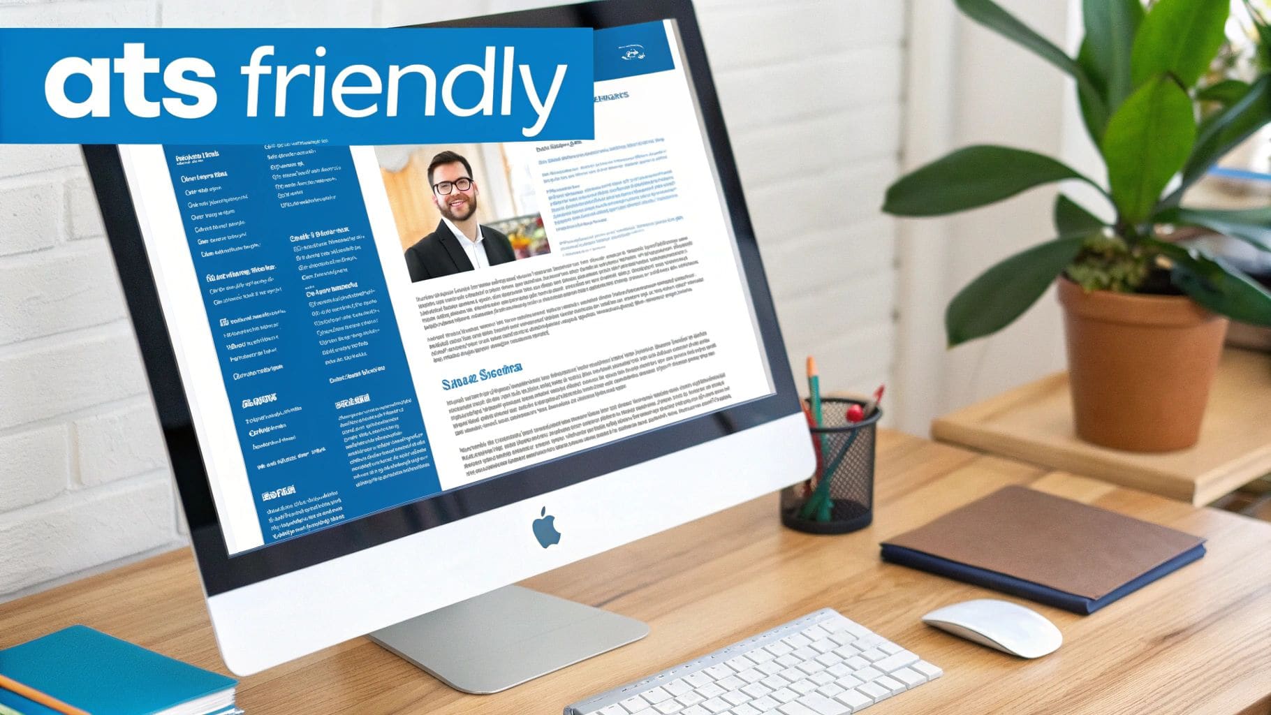 ATS-friendly CV template displayed on desktop computer screen showing keyword optimisation in modern professional office workspace