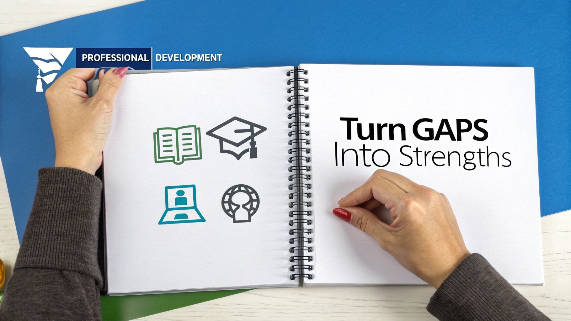 Professional development notebook displaying turn gaps into strengths concept with educational icons and hands writing career planning notes