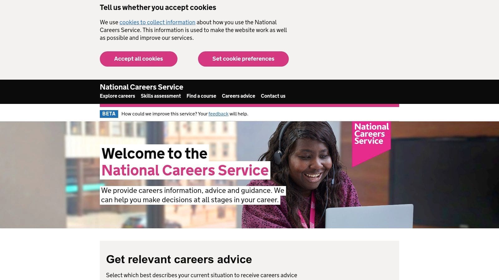 National Careers Service GOV.UK website showing official UK CV guidance with sections on personal statement, work history and education requirements