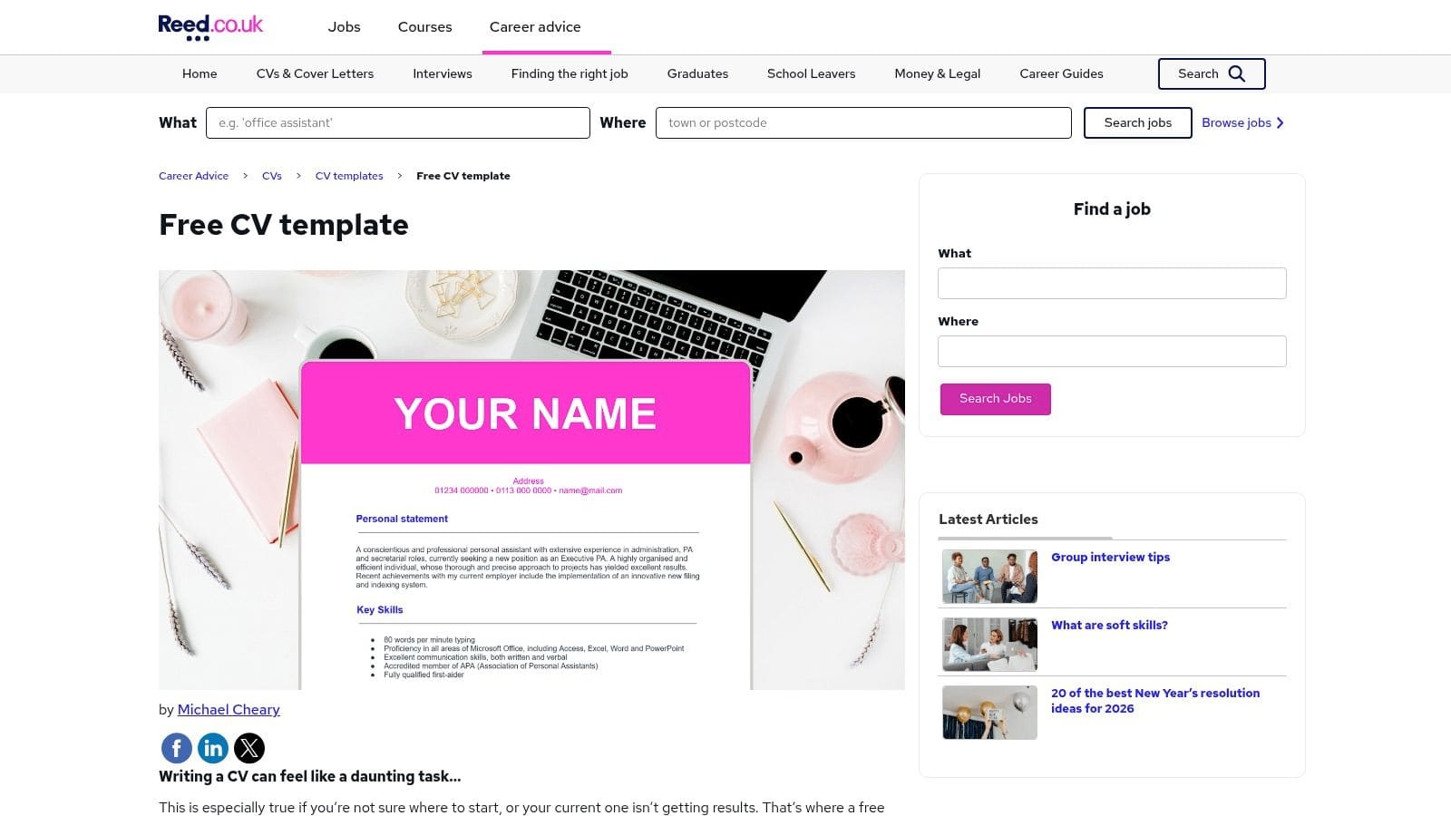 Reed.co.uk job board website showing selection of free downloadable Word CV templates with recruiter-approved layouts for UK job market