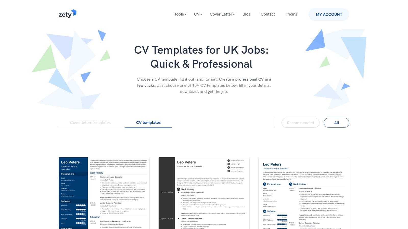 Zety UK online CV builder platform displaying modern ATS-friendly templates with guided writing prompts and pre-written content suggestions