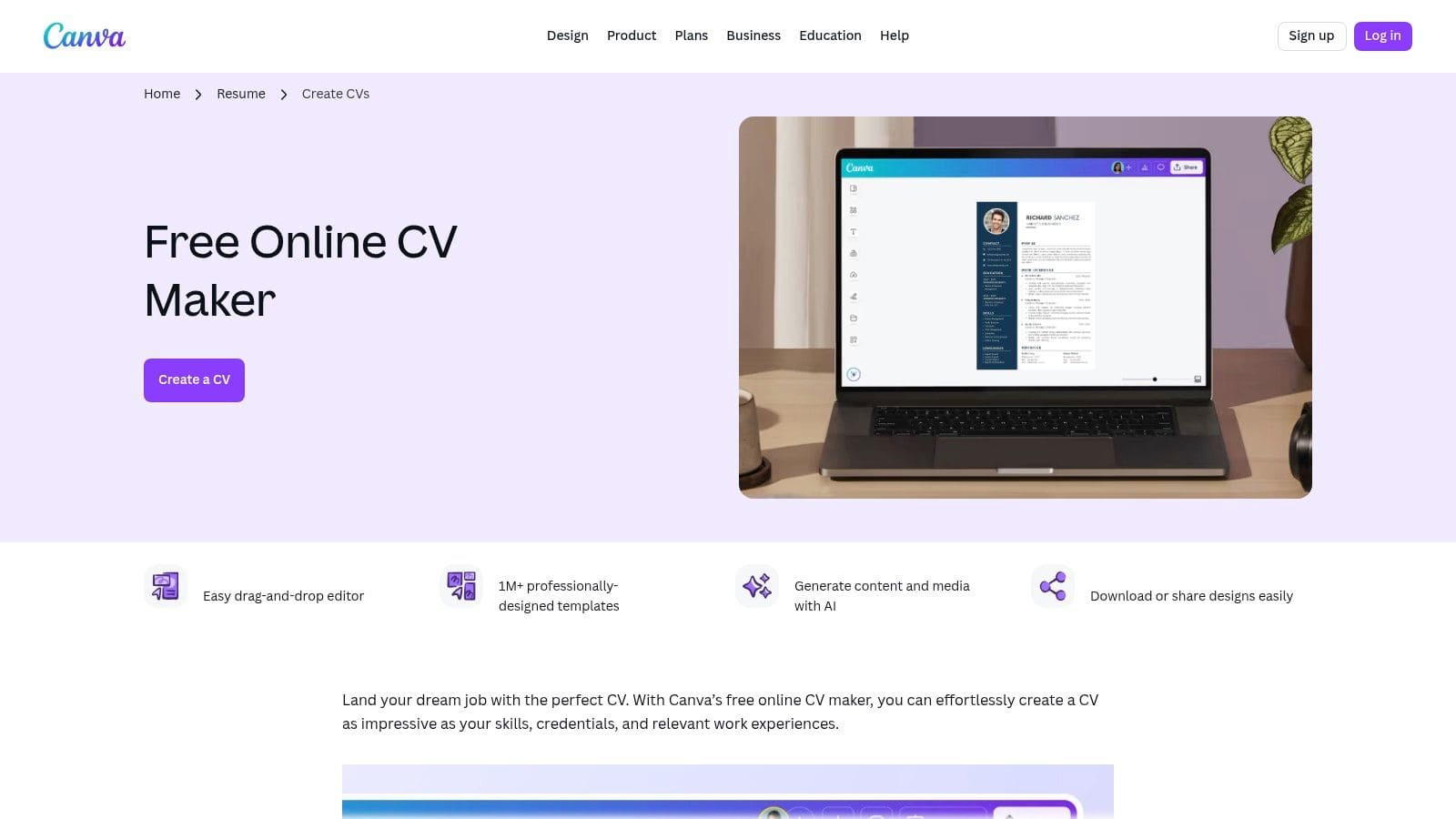 Canva CV builder interface showing drag-and-drop design tool with customisable CV templates, fonts and colour options on laptop screen