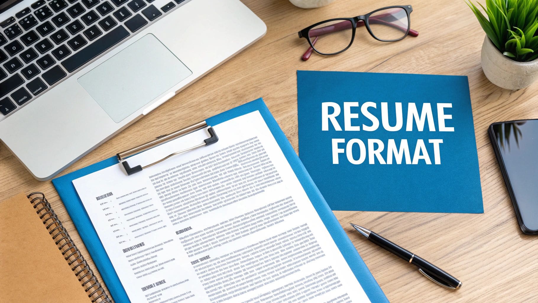 Flat lay of wooden desk with laptop, professional resume document on clipboard with black pen, and blue card displaying RESUME FORMAT text for US job applications