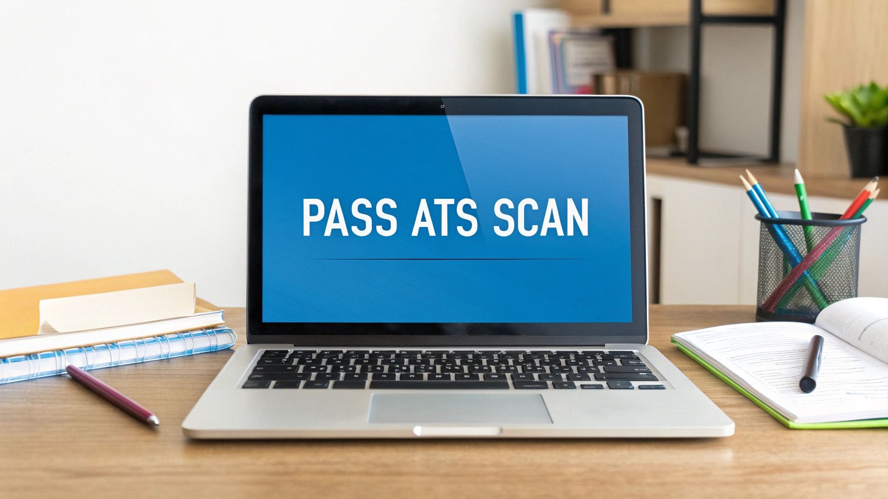 Laptop computer on wooden desk displaying PASS ATS SCAN text on screen surrounded by office supplies for US resume optimization and applicant tracking system compliance