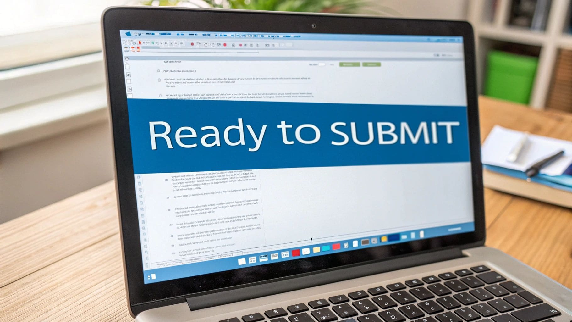 Laptop screen displaying professional resume document with prominent Ready to SUBMIT text on wooden desk for US job application submission process